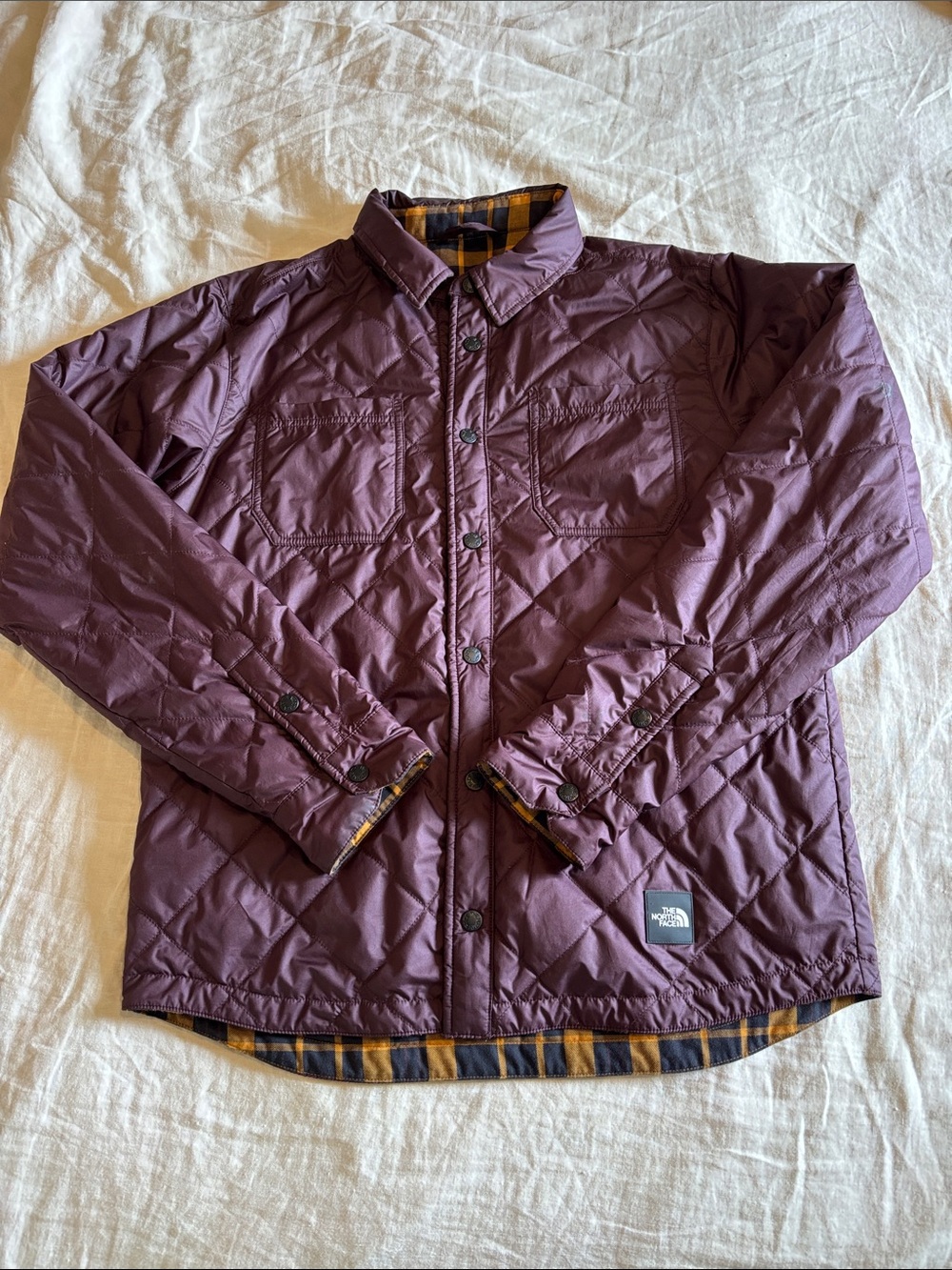 The North Face Men’s Quilted Jacket - Plum and Reversible Yellow/Black Plaid